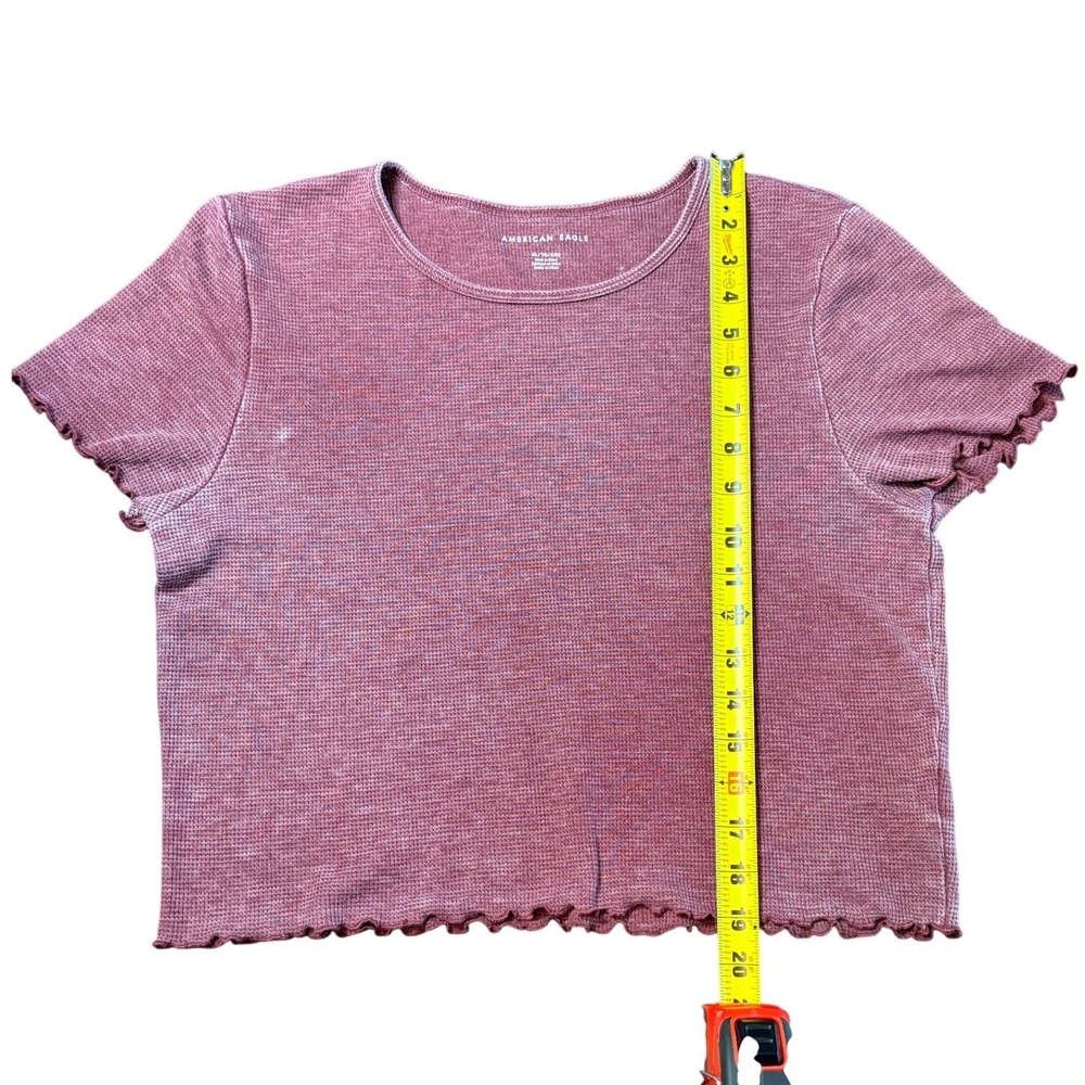 American Eagle Womens XL Maroon Waffle Knit Lettuce Edge Short Sleeve Crop Top - Picture 2 of 5